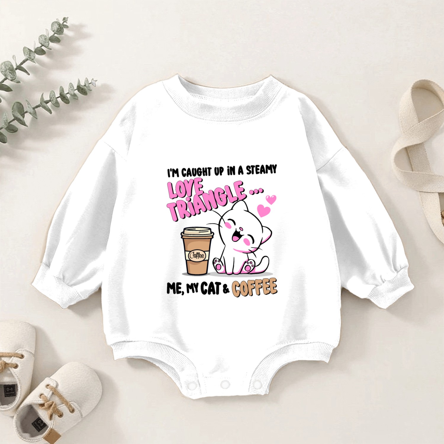 Love Triangle ... Me, My Cat & Coffee Baby Romper Sweatshirts