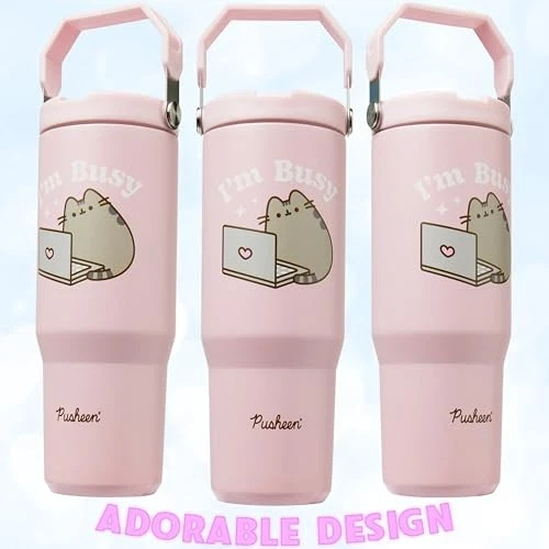 30oz Pusheen Stainless Steel Tumbler with Flip Handle for Girls, Teens, Women
