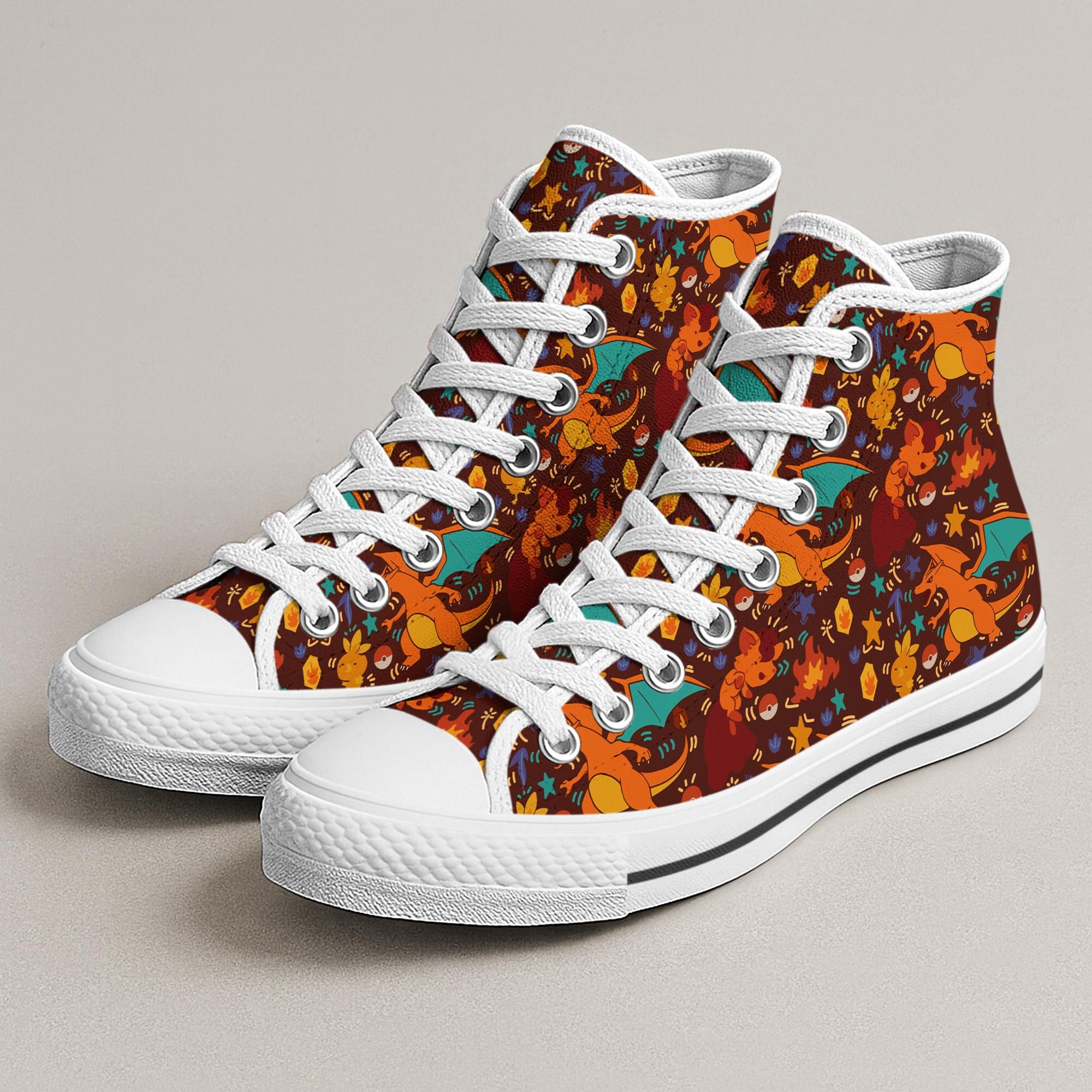 Charizard High Top Shoes, Fiery Kawaii Sneakers, Cute Printed Shoes, Charizard Shoes Gifts