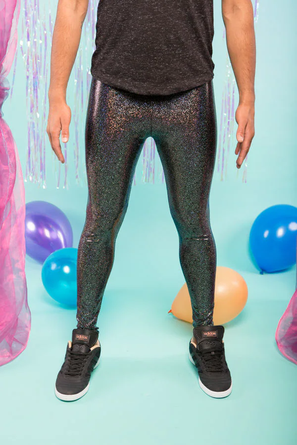 HOLOGRAPHIC BLACK MEGGINGS (Sparkly Men's Leggings - Handmade)