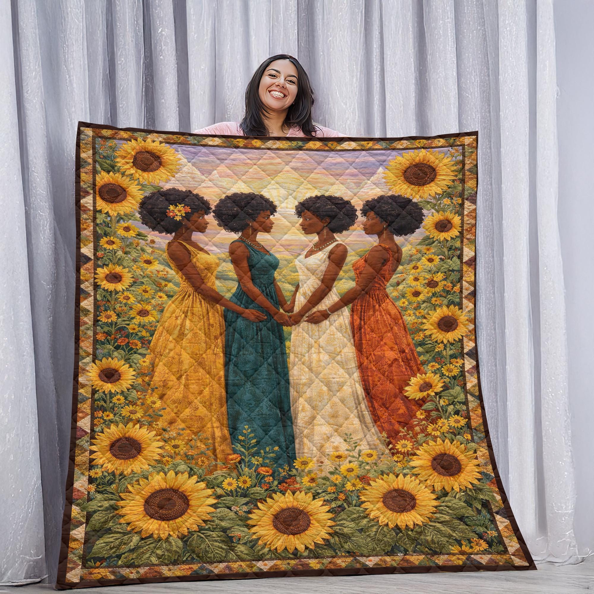 Sisterhood Quilt Blanket, Black Women Art, Sunflower Sister Quilt Decor