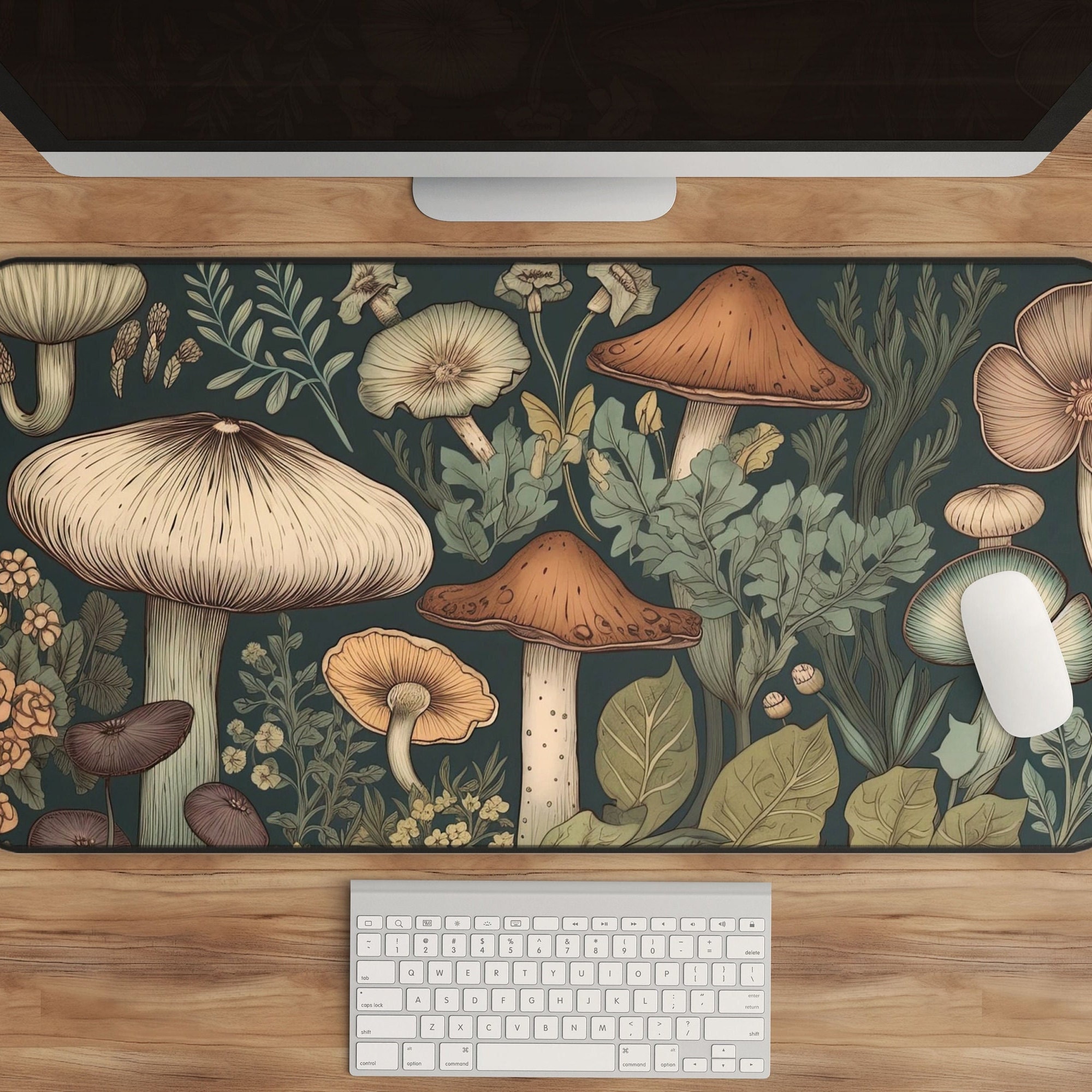 Woodland Mushroom Desk Mat - Botanical Illustration, Forest Art, Earth Tones, Unique Office Decor