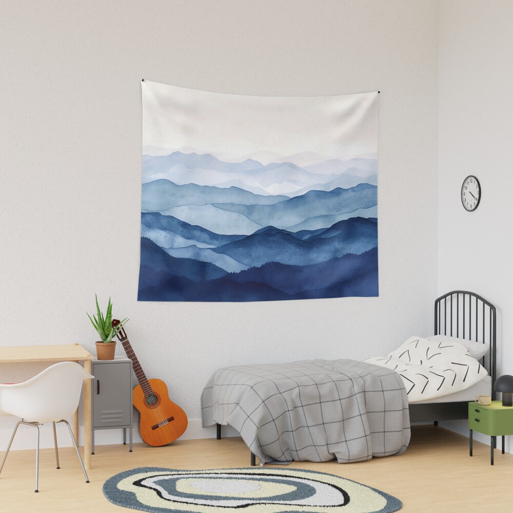 Blue Misty Mountains Watercolor Indigo Tapestry
