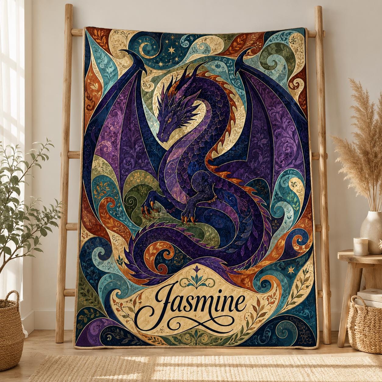 Personalized Purple Gothic Dragon Quilt Blanket, Custom Name Fantasy Bedding, Dragon Decor