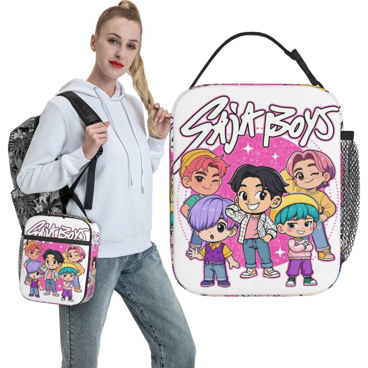 Saja Boys K-Pop Chibi Style Kids Lunch Bag Oxford Cooler Tote for Outdoor Picnic