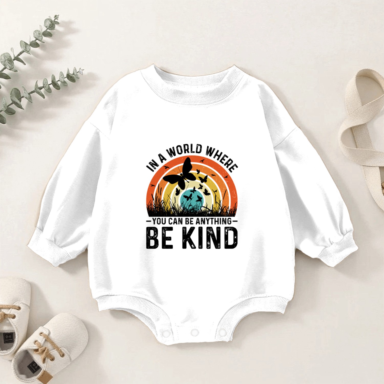 Inspirational Be Kind Quote with Rainbow Baby Romper Sweatshirts