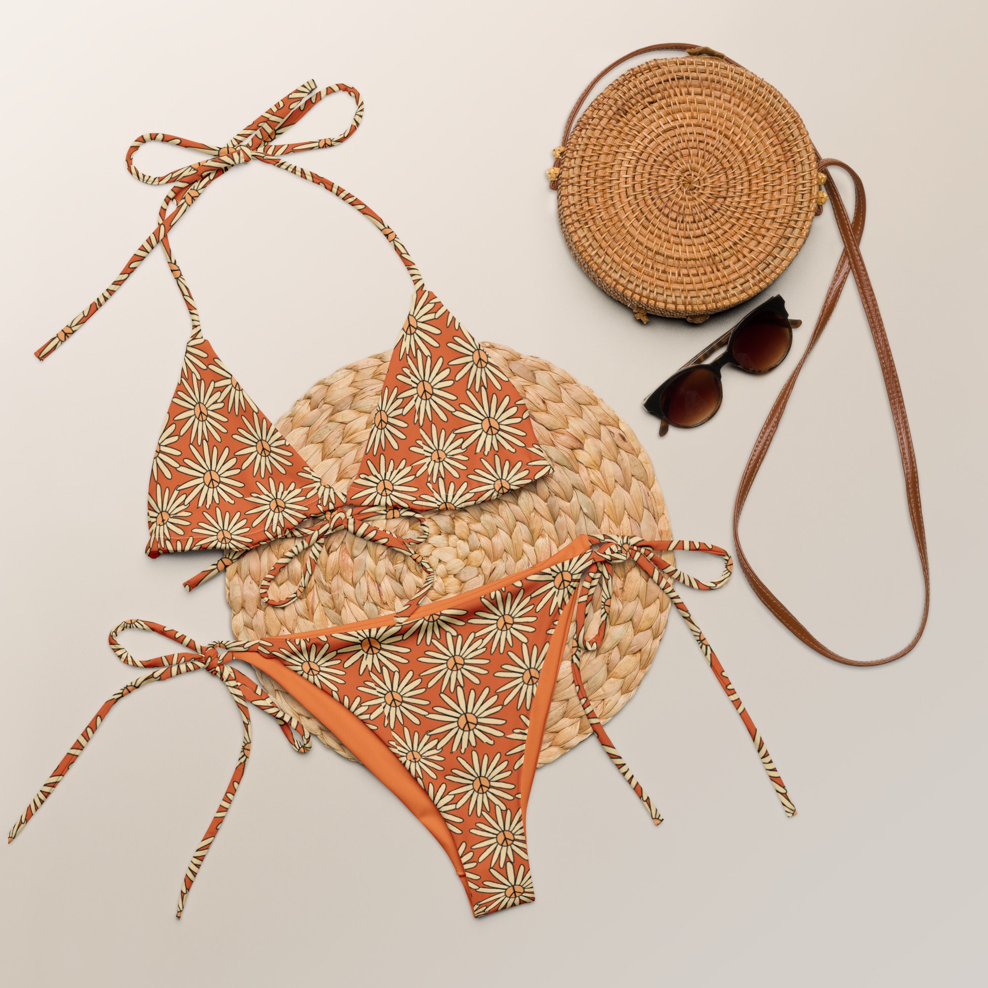 70s Retro Orange Flower Peace Sign Print Top & Bottom Recycled String Bikini