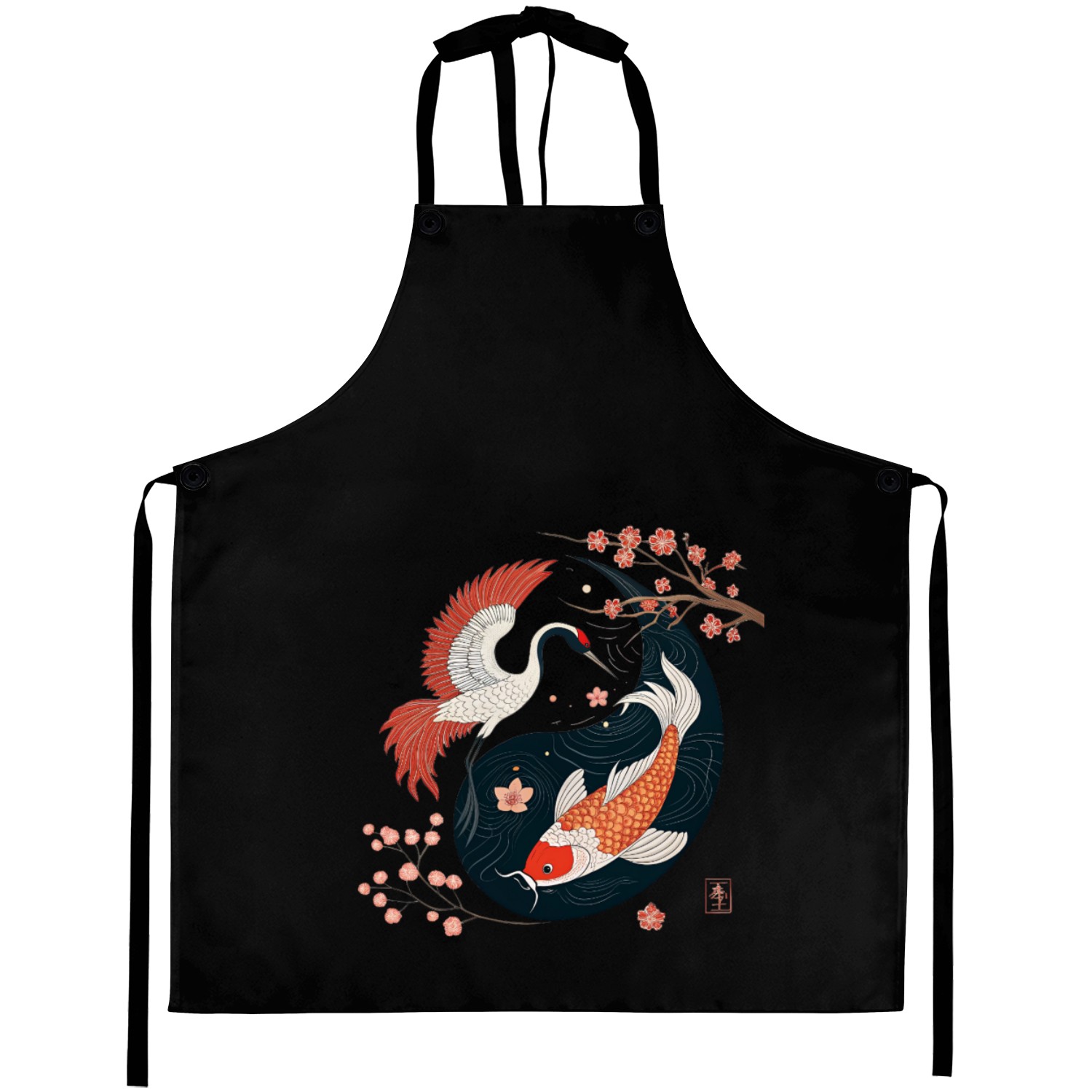 Japanese Crane and Koi Yin Yang Symbol of Harmony Aprons