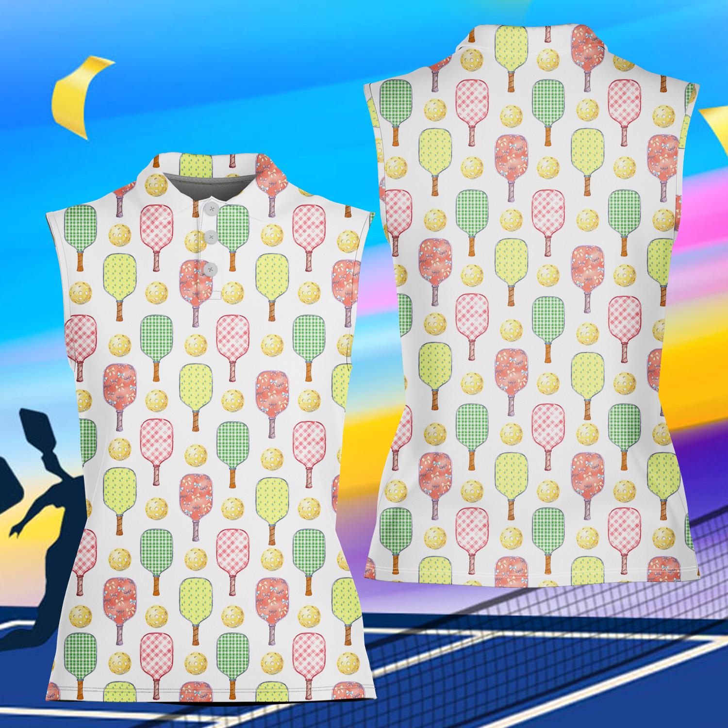Women's Sleeveless Pickleball Paddle Pattern Polo, Lightweight Summer Sports Polo Shirt, Team Tournament Outfit