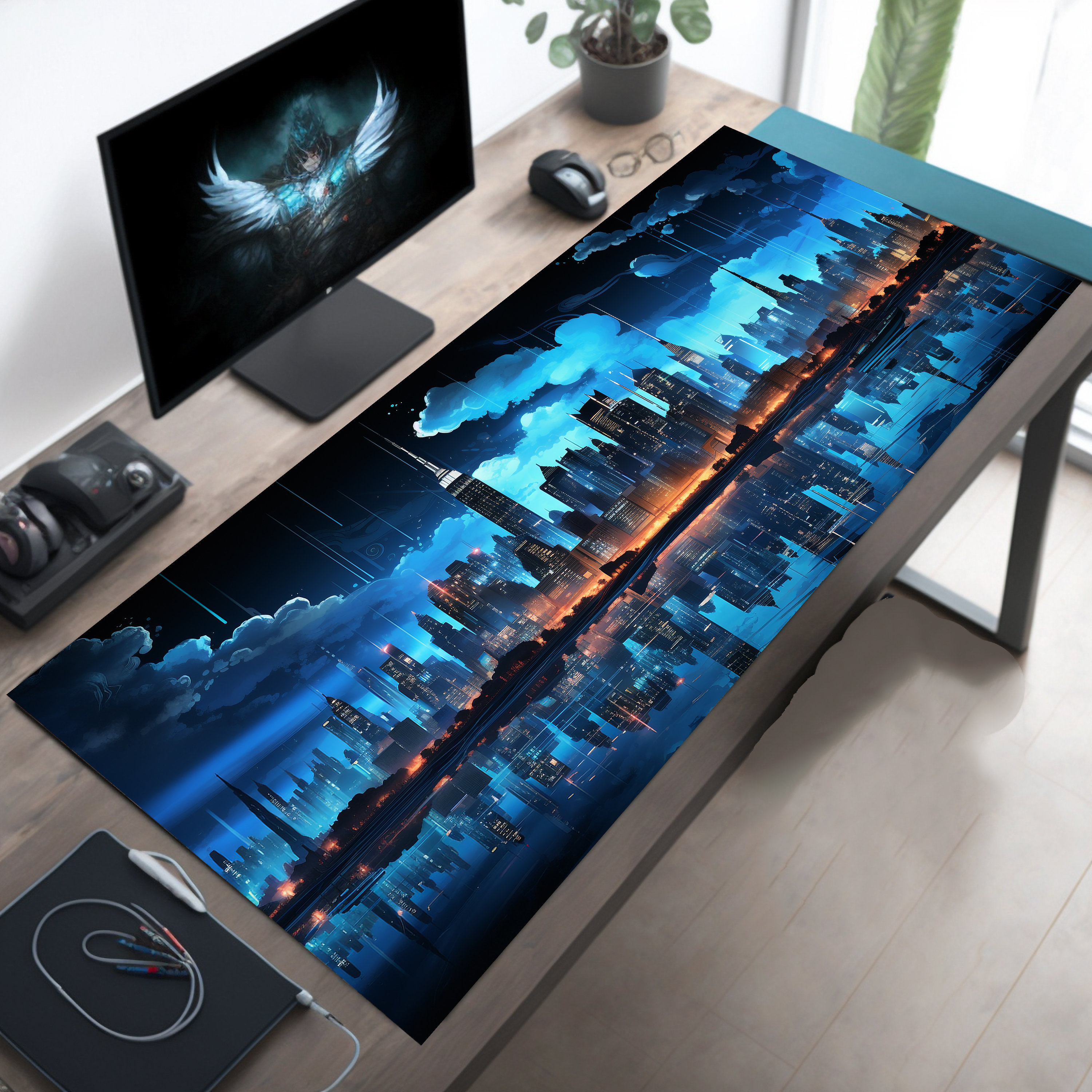 Neon Blue City Desk Mat, Meteor Shower Mousepad, City Skyline Desk Pad, Fantasy Mouse Pad