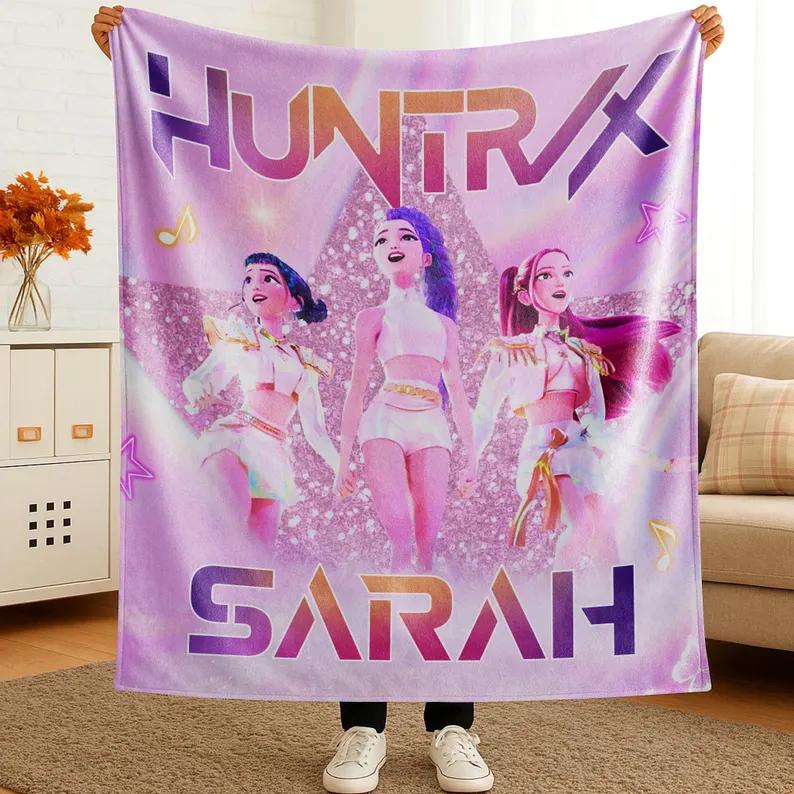 Custom Kpop Demon Hunters Fleece Blanket with Name, Personalized Fantasy Anime Bedding, Fan Gift