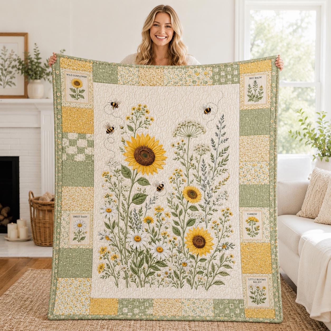 Sunflower and Wildflower Quilt Blanket, Botanical Bee Garden, Cottagecore Floral Sofa Decor, Spring Summer Gift for Her