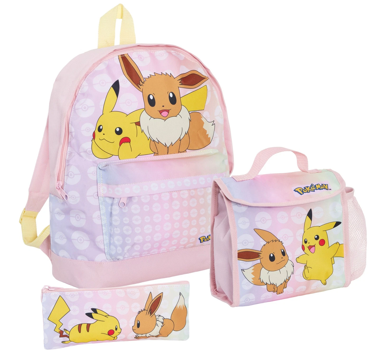 Girls PKM Backpack + Lunch Bag + Pencil Case 3 Piece Pika Eevee Bag Set