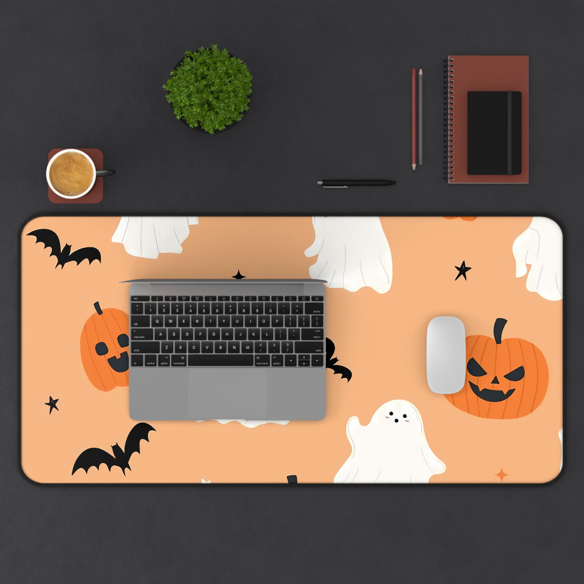 Cute Halloween Desk Mat, Spooky Ghost Pumpkin Mouse Pad, Aesthetic Skull Bat Keyboard Mat, Fall Home Office & Gamer Setup Decor