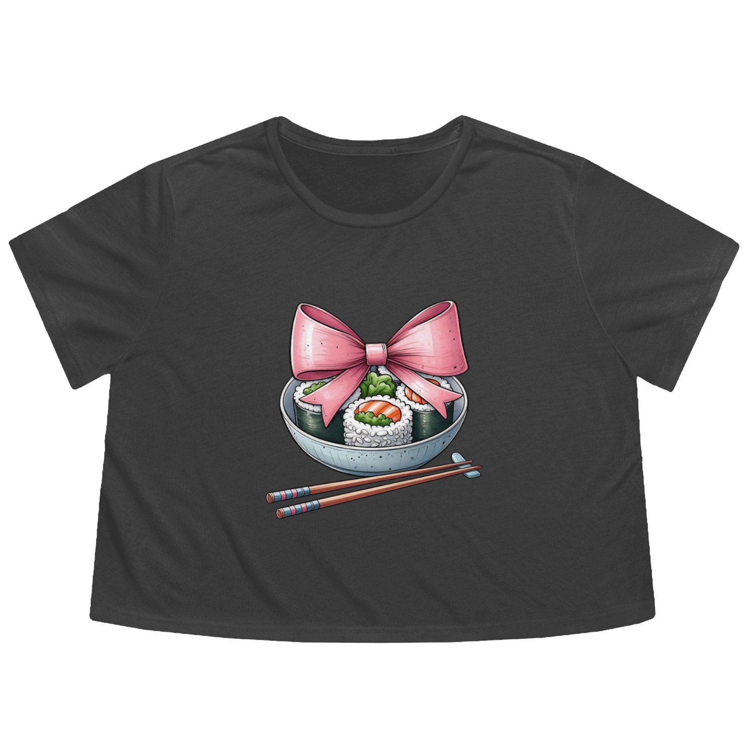 Coquette Bow Sushi Japanese Food Pink Ribbon Mom Flowy Cropped Tees