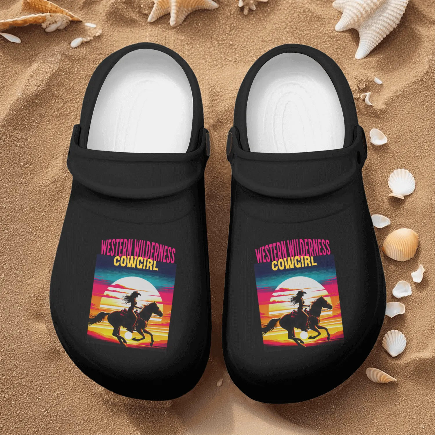 Western Wilderness Cowgirl, 80s Sunset Vibes Nurse Clogs