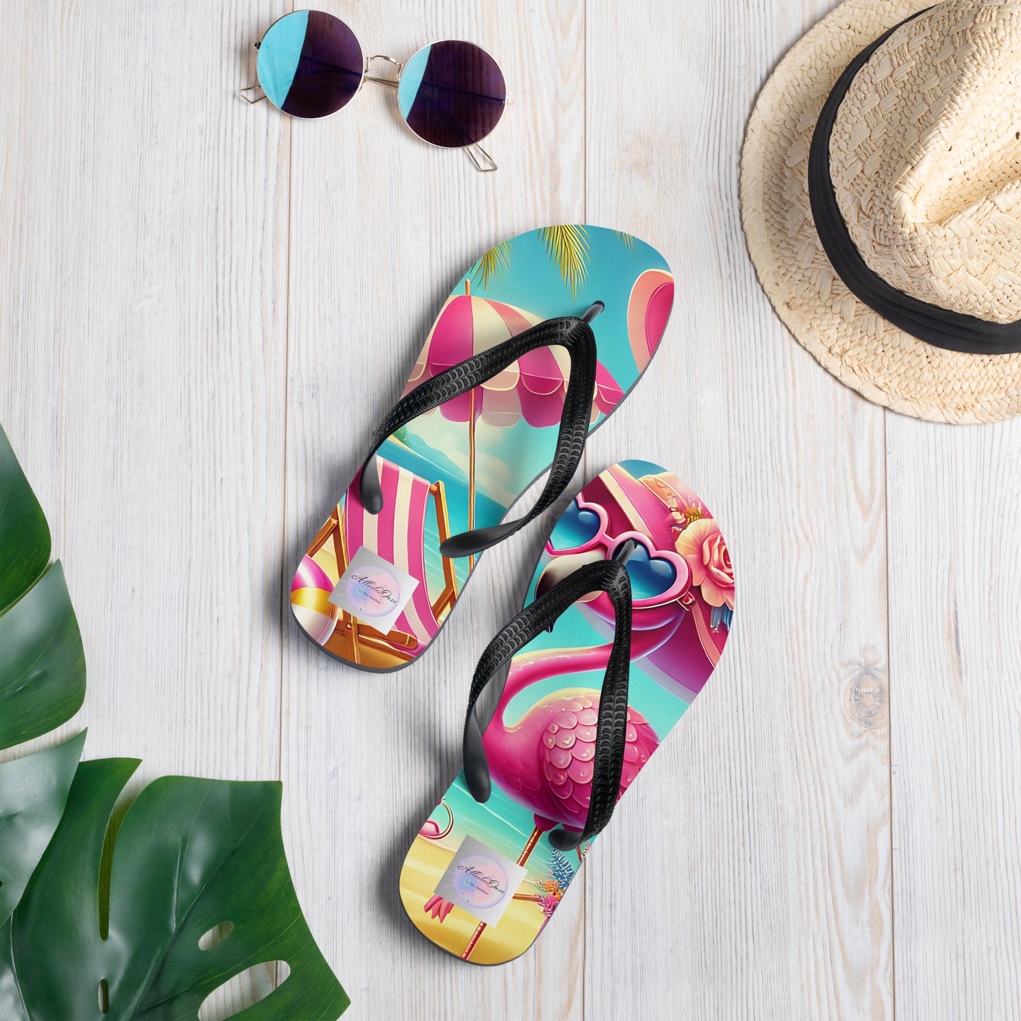 Pink Flamingo Flip-Flops, Unique Summer Footwear, Stylish Beach Sandals, Summer Gift for Her, Fun Pool Slides, Unique Beach Sandals