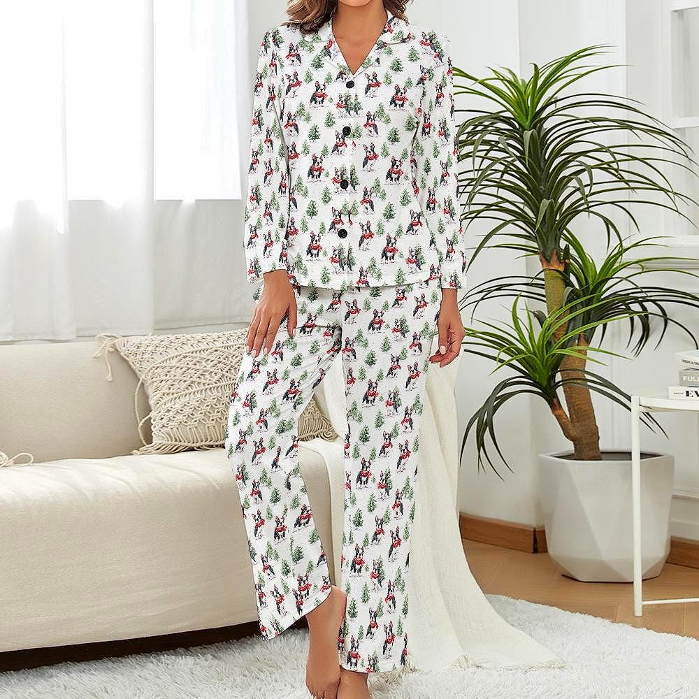 Boston Terrier Christmas Pajamas Cute Holiday Dog Print Womens Sleepwear, Cozy Dog Mom Gift, Winter Loungewear for Boston Lovers