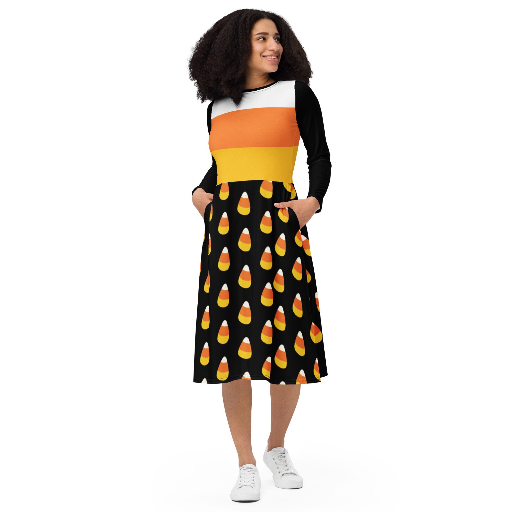 Candy Corn Women's Long-Sleeve Midi Dress with Pockets for Halloween
