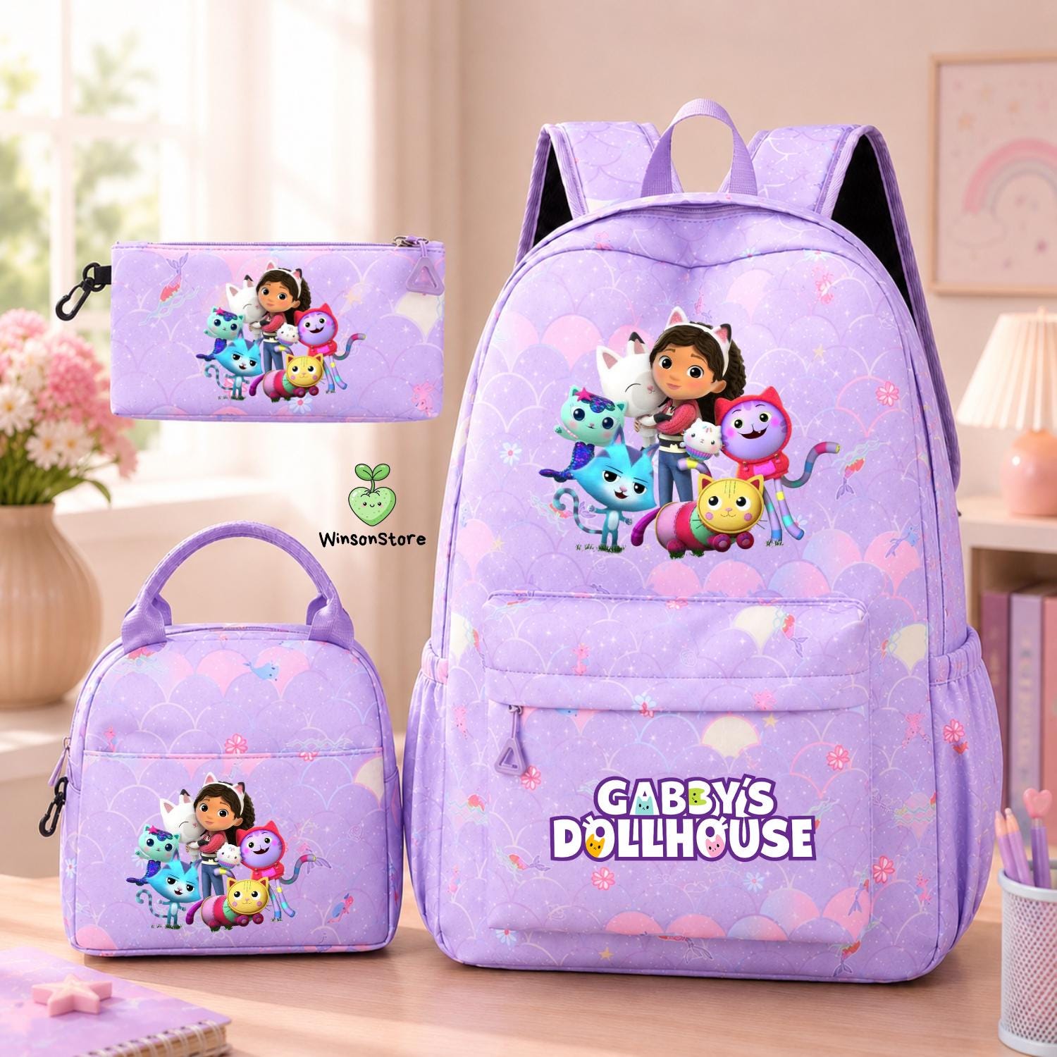 Gabby's Dollhouse Backpack Set, Gabby School Backpack with Lunch Bag and Pencil Case, Kids Bookbag, Girls School Bag,Back to School Gift