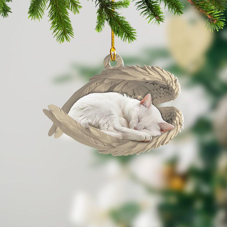 Personalized White Cat Sleeping Angel Ornament, White Cat Angel Wings Ornament, White Cat Car Ornament, Cat Christmas Gift