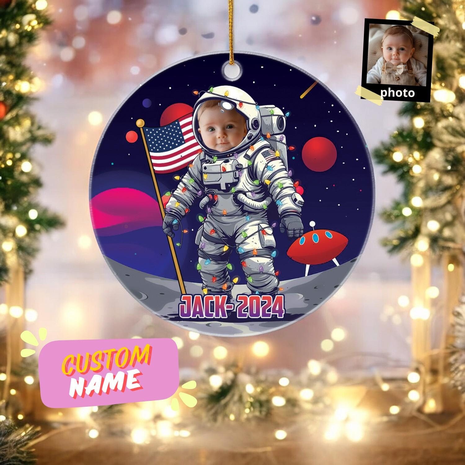 Customized Astronaut Ornament, Baby and Dog Astronaut Ornament, Outer Space Ornament, Custom Shape Astronaut Ornament, Rocket Ornament 2024