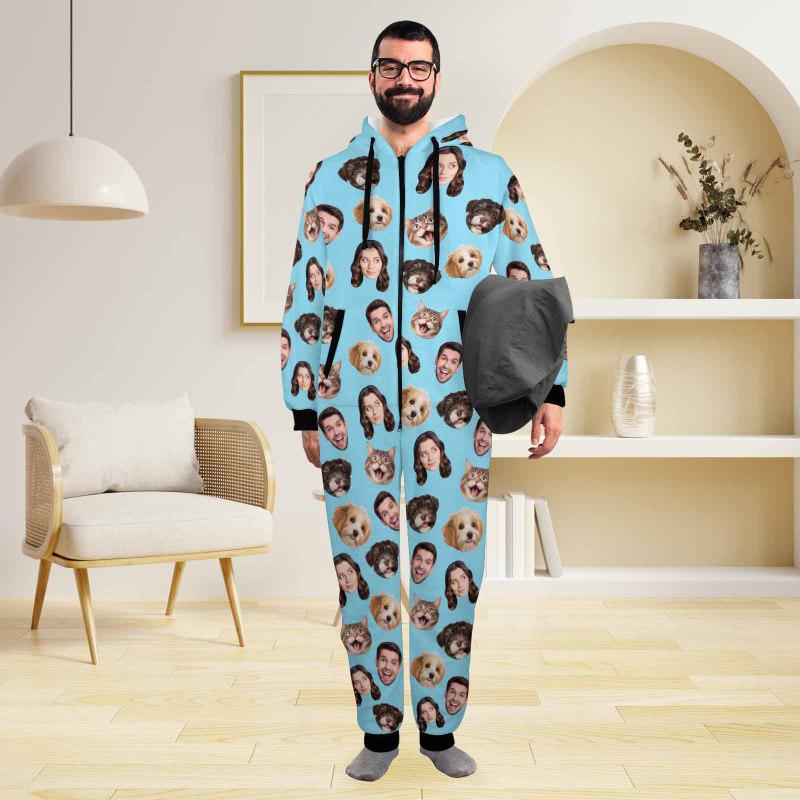Custom Onesie Pajamas,Personalized Face Photo Flannel Fleece Adult Pajamas,Family Christmas Pajamas,Couple Hooded Onesie Jumpsuits,Party