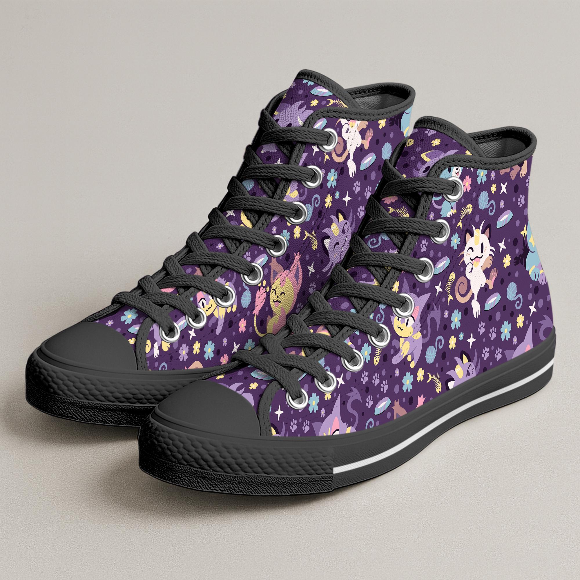 Meowth High Top Shoes, Cute Floral Kawaii Cat Pattern Sneakers, Meowth Shoes Gifts