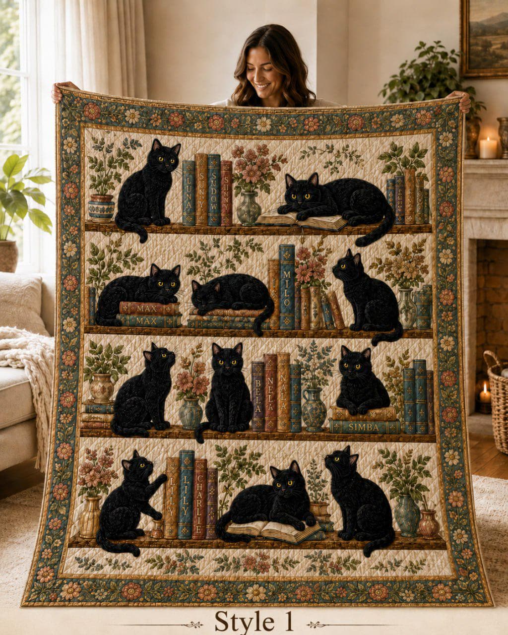 Black Cat Quilt Blanket, Book Lover Reading, Custom Name Library Decor, Cat Mom Gift
