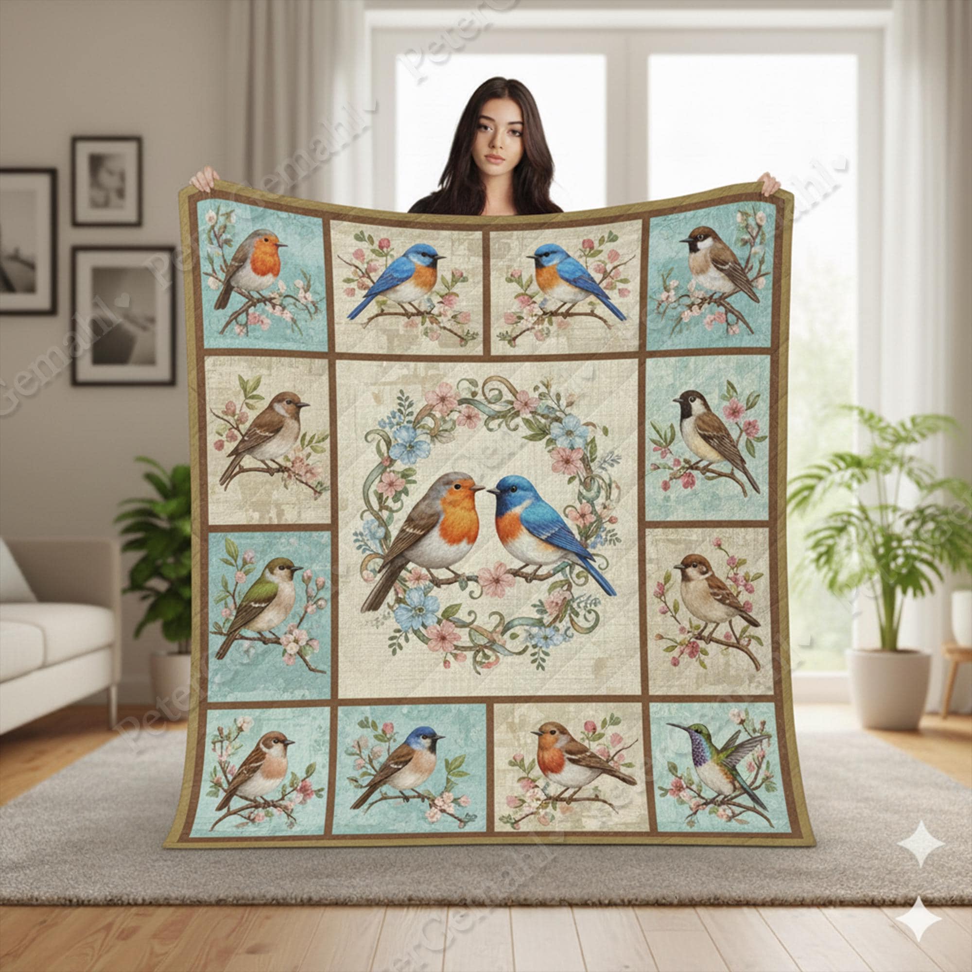 Bird and Floral Quilt Blanket, Handmade Flower Bedding, Cozy Bedroom Decor, Boho Home Blanket, Gift for Bird Lovers