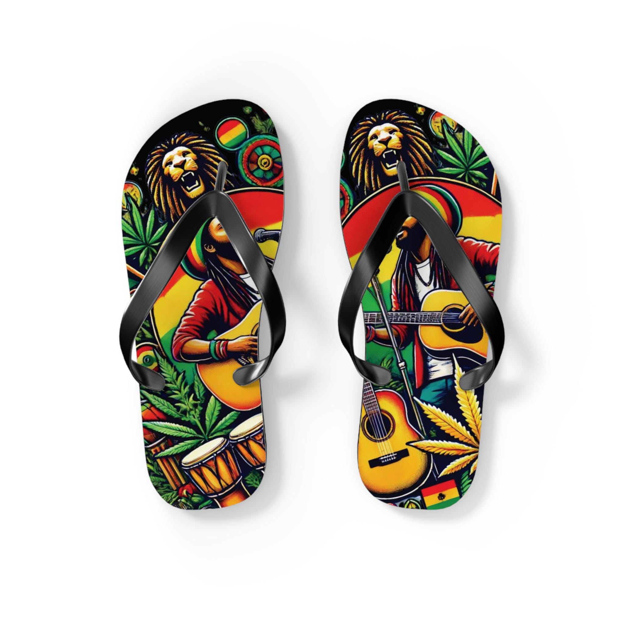Summer Reggae Vibes Flip Flops | Rasta Lion Music Sandals Reggae Vibes Flip Flops | Vibrant Rasta Lion Music Design Sandals for Summer