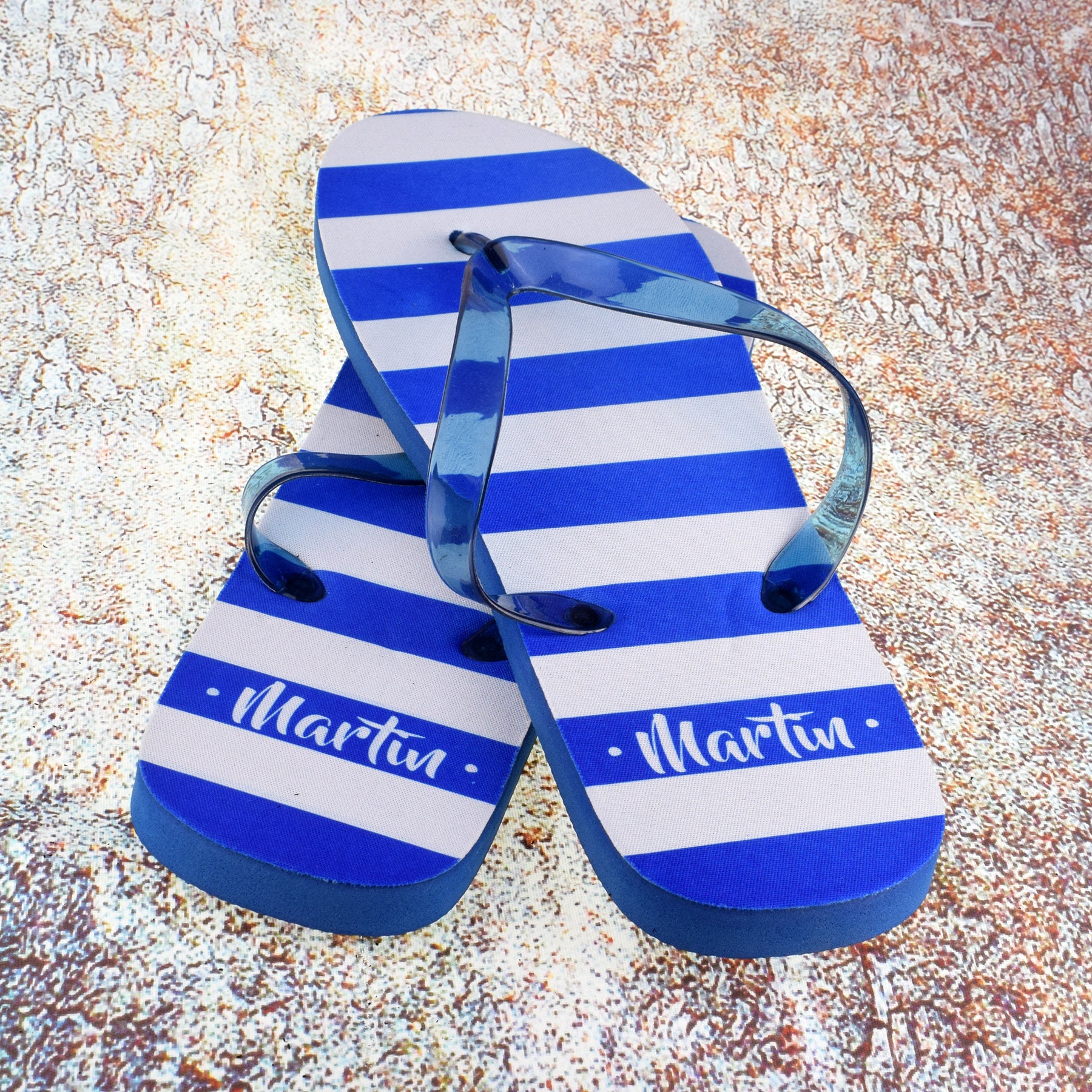 Personalised Blue & White Striped Mens Flip Flops