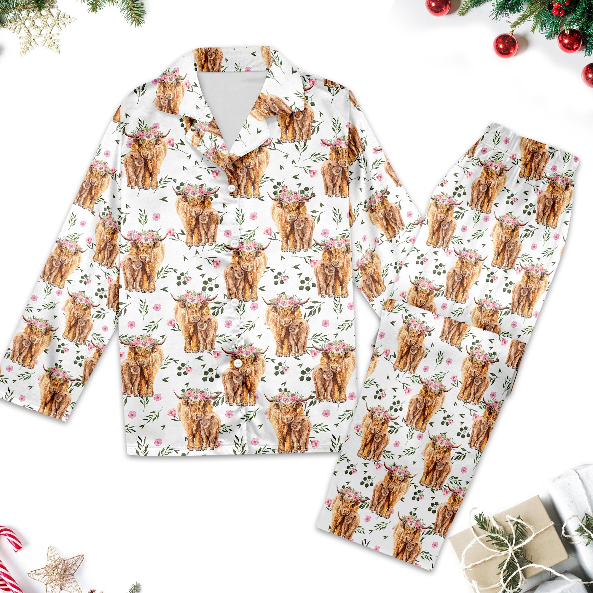 Unique Highland Cow Pajamas, Cow Pajamas Set Women, Cow Farm Button Up Shirt