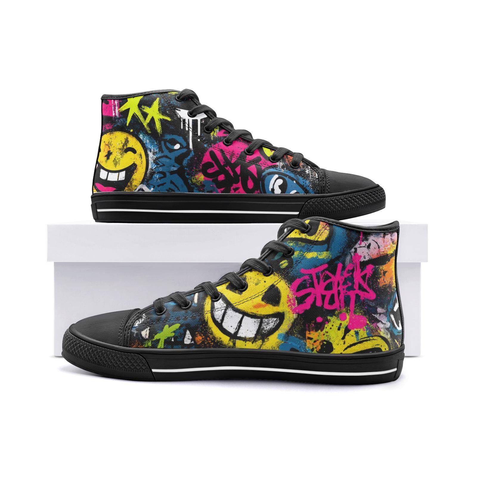 Graffiti Smiley Face High Top Sneakers, Bold Street Art Shoes