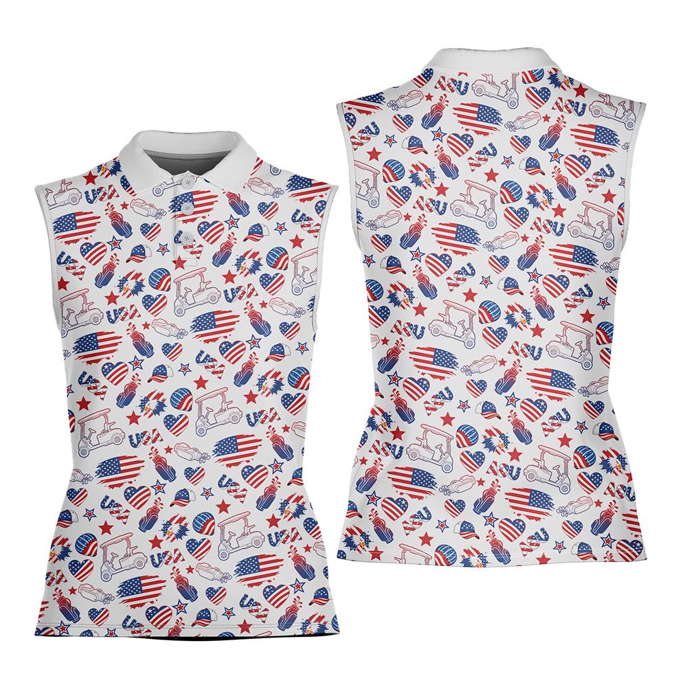 Women's Sleeveless Patriotic USA Golf Polo Shirt, American Flag Independence Day Golf Top