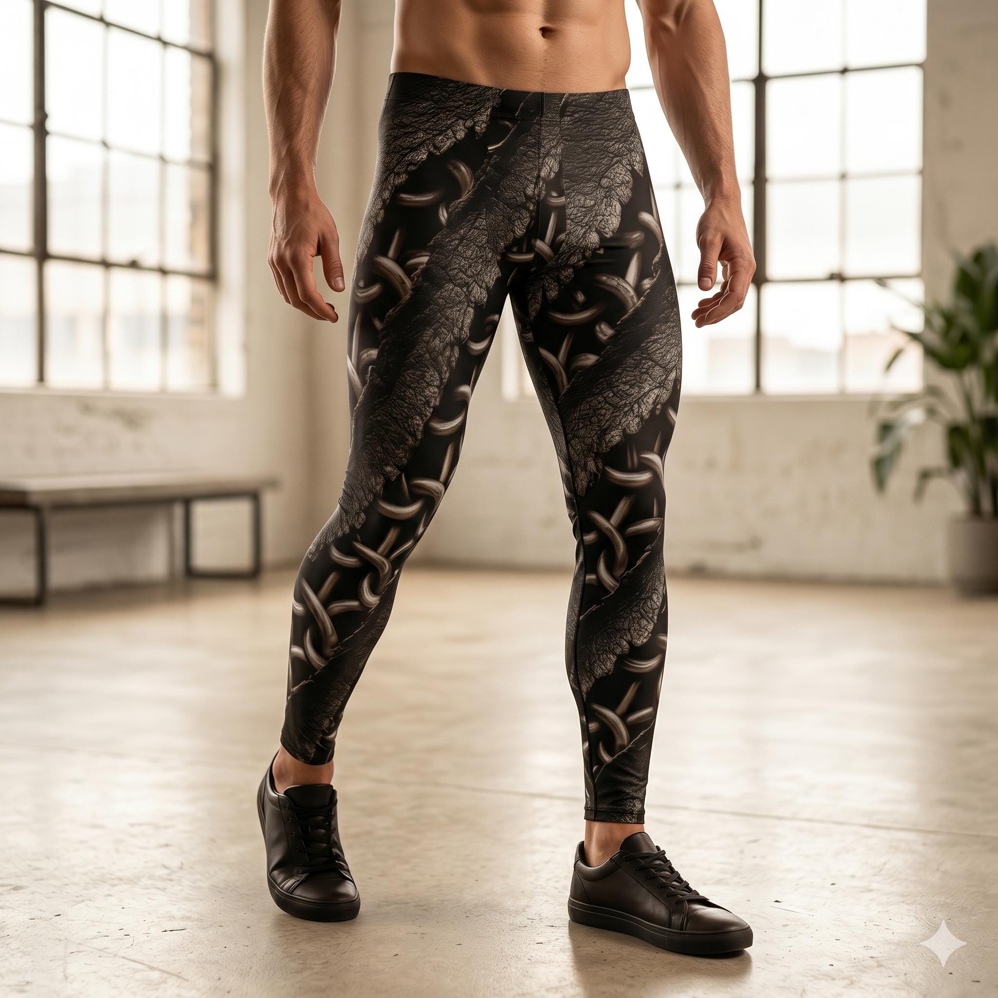 Chain Mail Slash Mens Leggings 3D Silver Workout Pants Cycling Athletic Fitness Running Exercise, Steampunk Wrestling