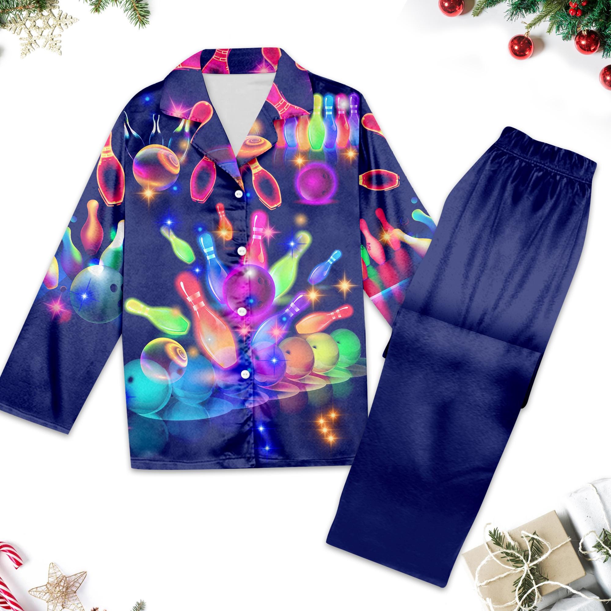 Bowling Neon Women Pajamas, Bowling Pajamas Set, Bowling Button Up Shirt, Bowling Shirt For Women, Summer Family Trip Tee