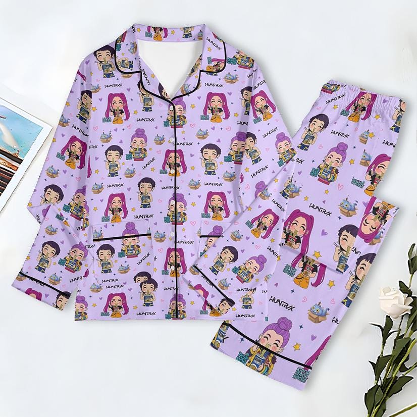 Huntrix Girl Pajamas Set, Kpop Demon Hunter Pajamas Set, Mira Rumi Joey Sleepwear, Demon Hunter Merch, Huntrix Fan Gift, Music Pajama Set