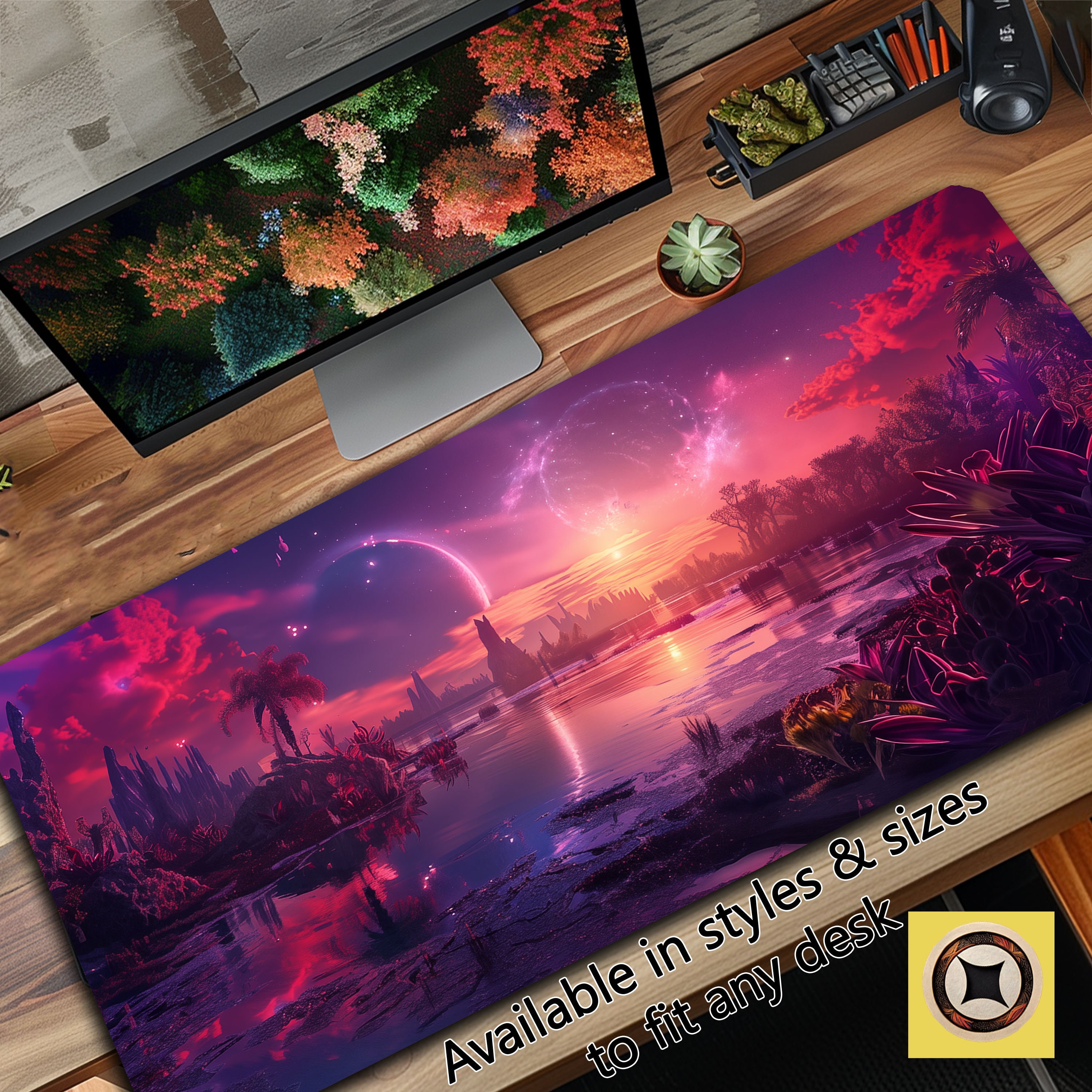 Neon Celestial Fantasy Swamp and Jungle Desk Mat, Gaming Mousepad