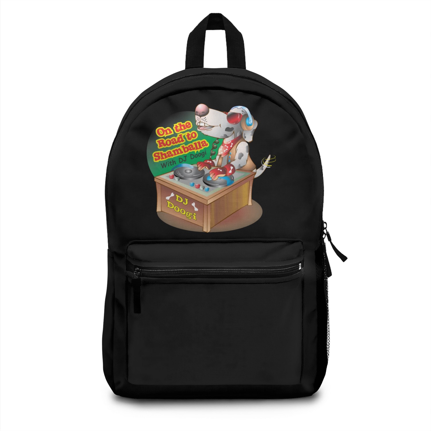 Cheerful Dalmatian DJ on Shamballa Road Backpacks