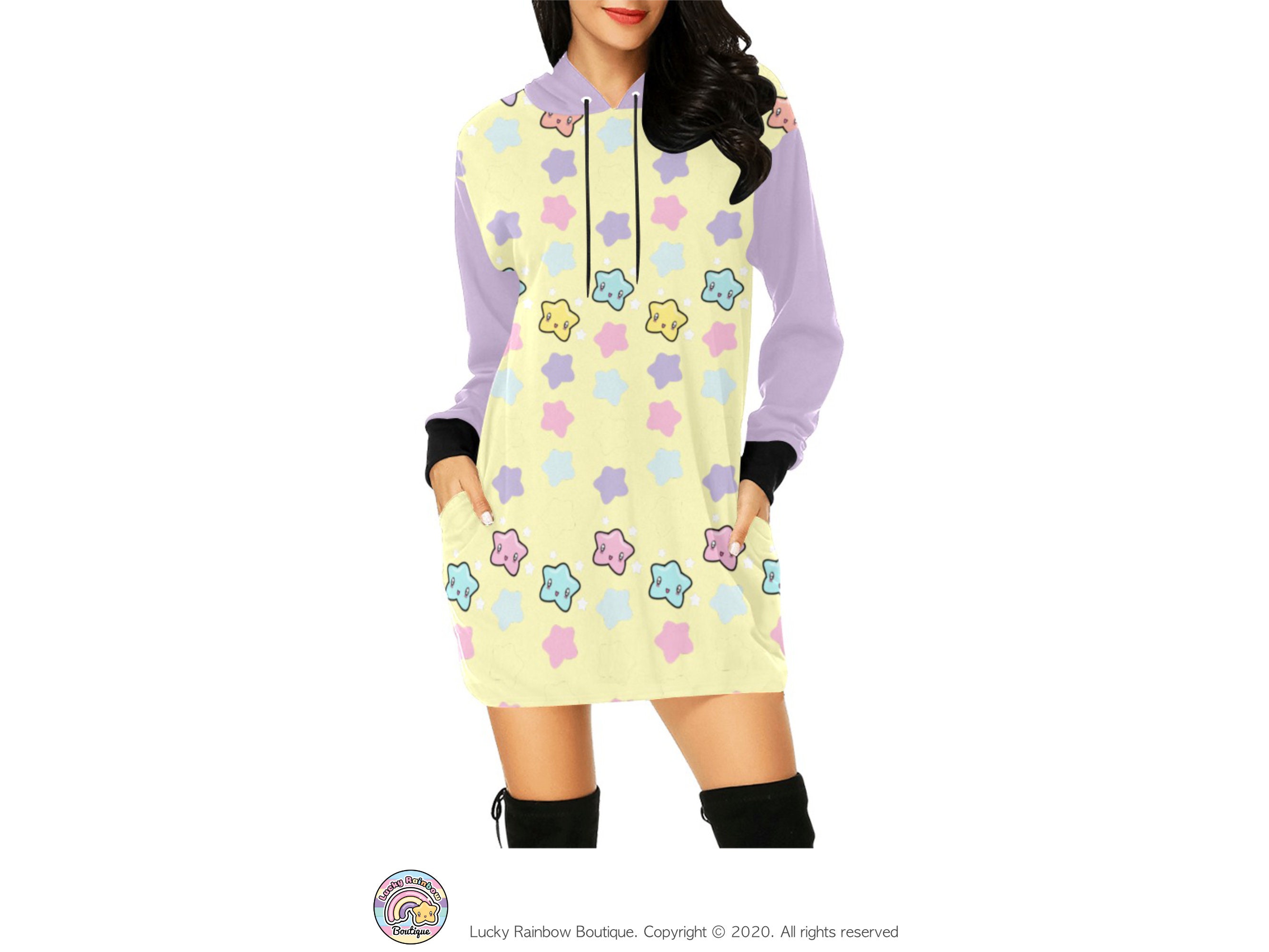Pastel Yellow Star Hoodie Dress, Rainbow Stars Sweatshirt, Fairy Kei Clothing, Retro Sweater, Comfort Colors Shirt, Winter Dresses for Women