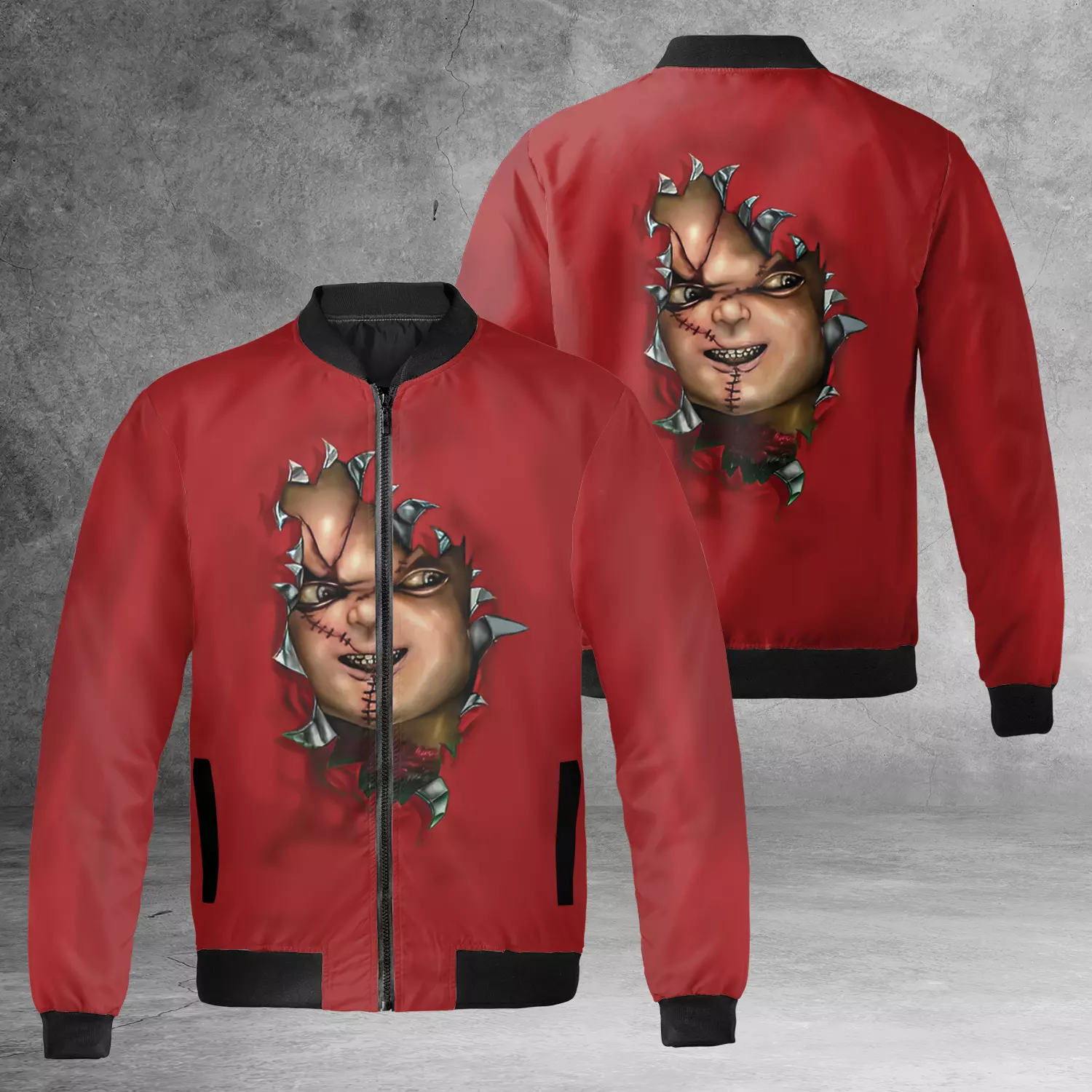 Chucky Doll Horror Killer Wanna Play Chucky Cracking Red Themed Jacket