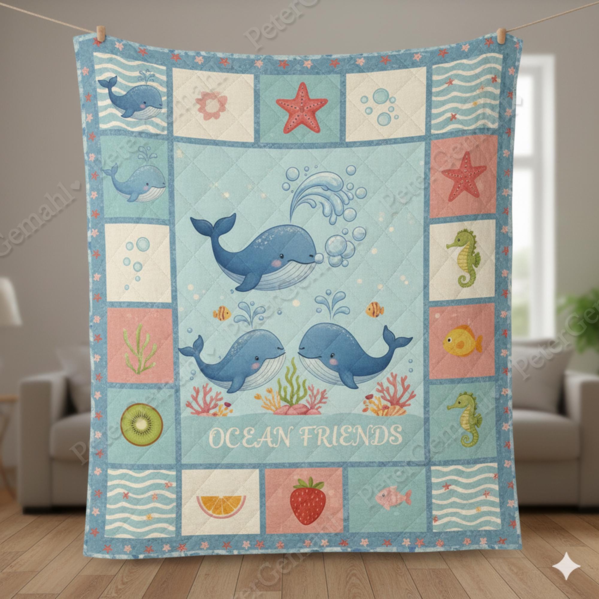 Ocean Friends Quilt Blanket, Cute Sea Animal, Kids Room Bedding, Cozy Marine Life Blanket, Cartoon Ocean Quilt, Kids Gift