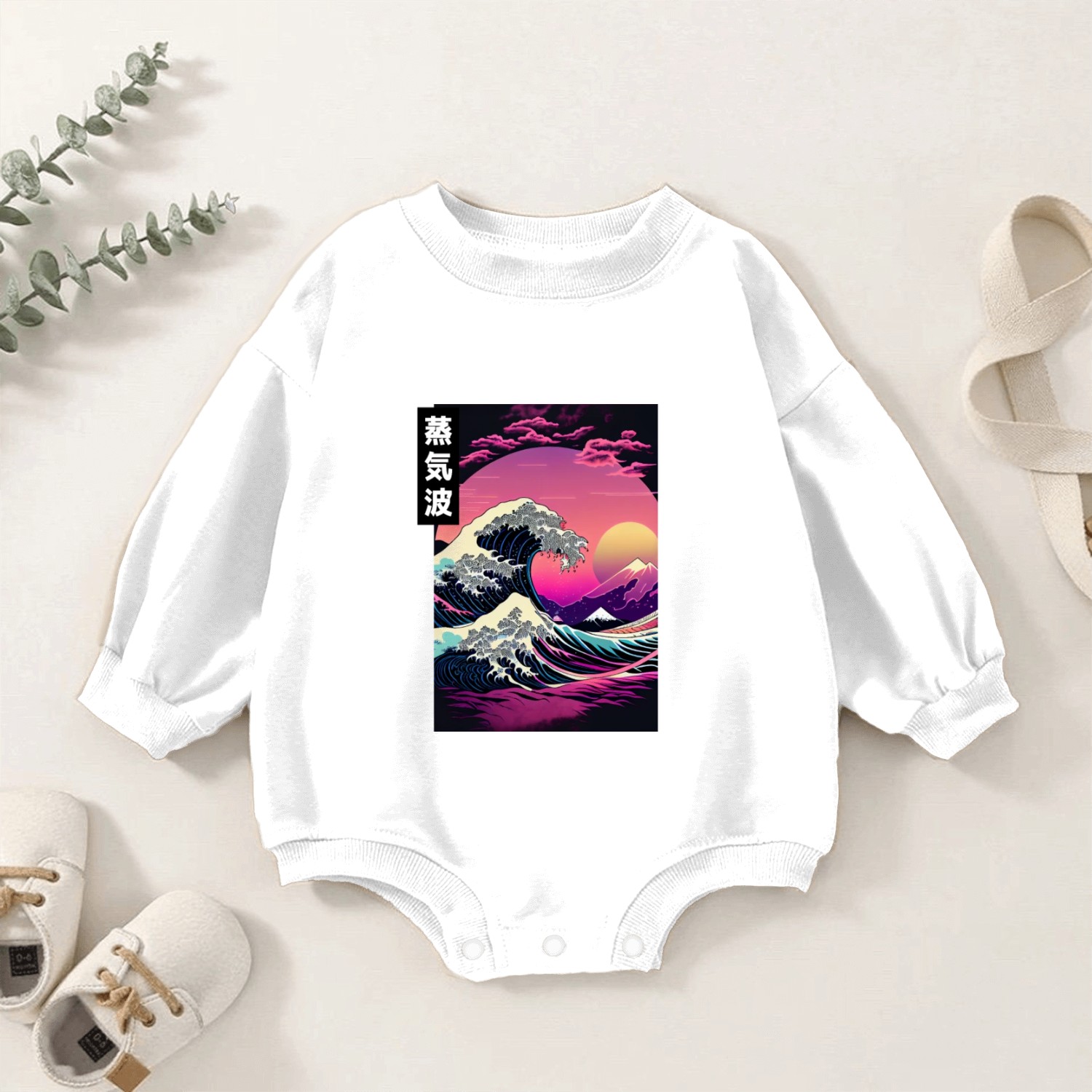 Japanese Art Great Wave Kanagawa Retrowave Style Baby Romper Sweatshirts