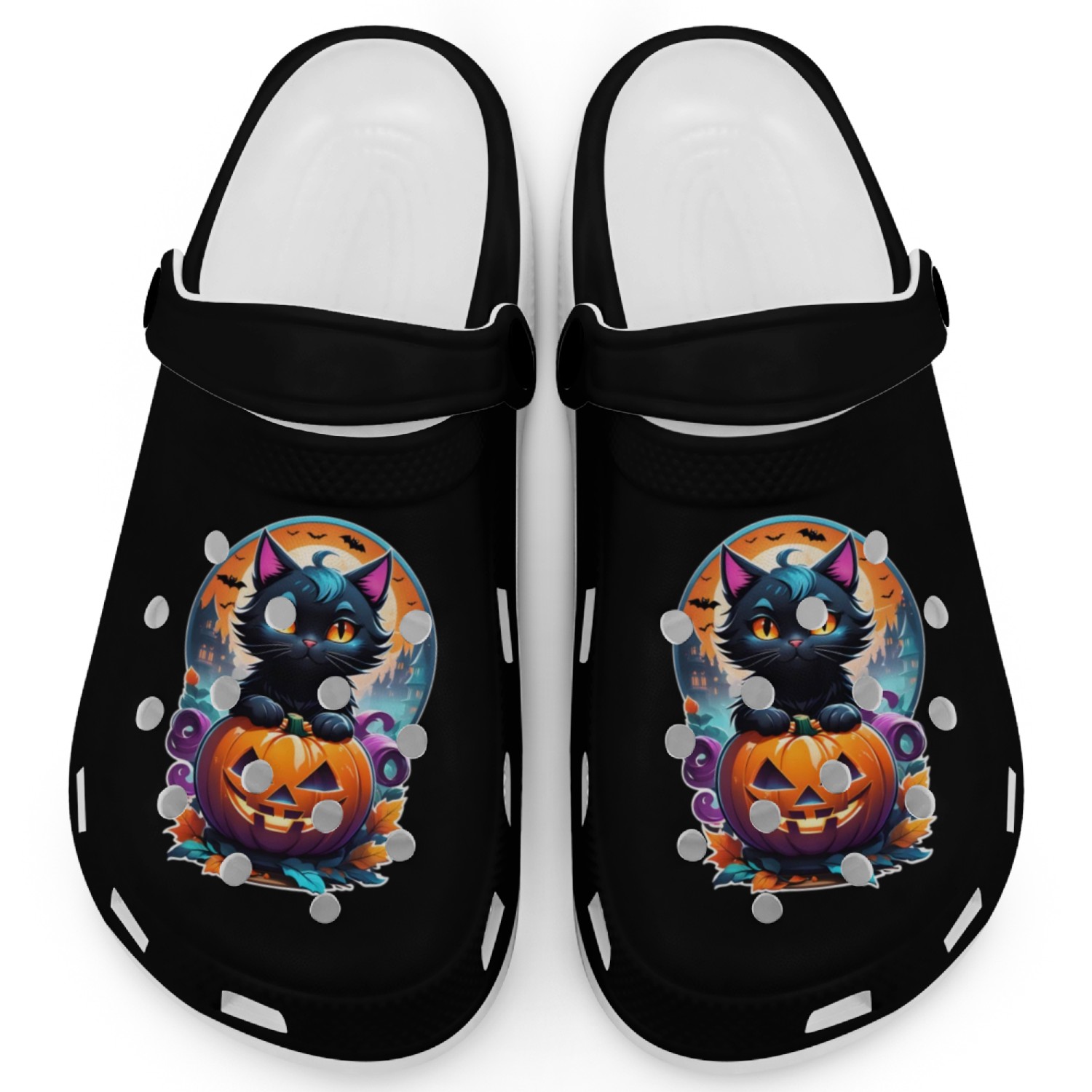 A Black Cat with Halloween Pumpkin Clogs