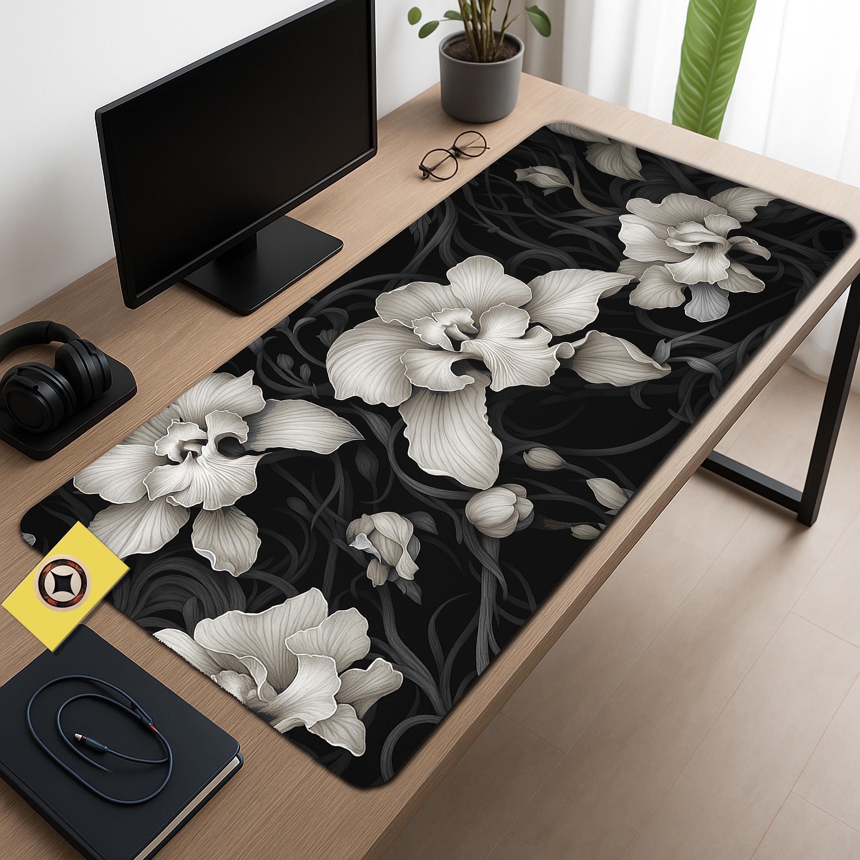 Monochrome Orchid Desk Mat - Black & White Floral Mouse Pad
