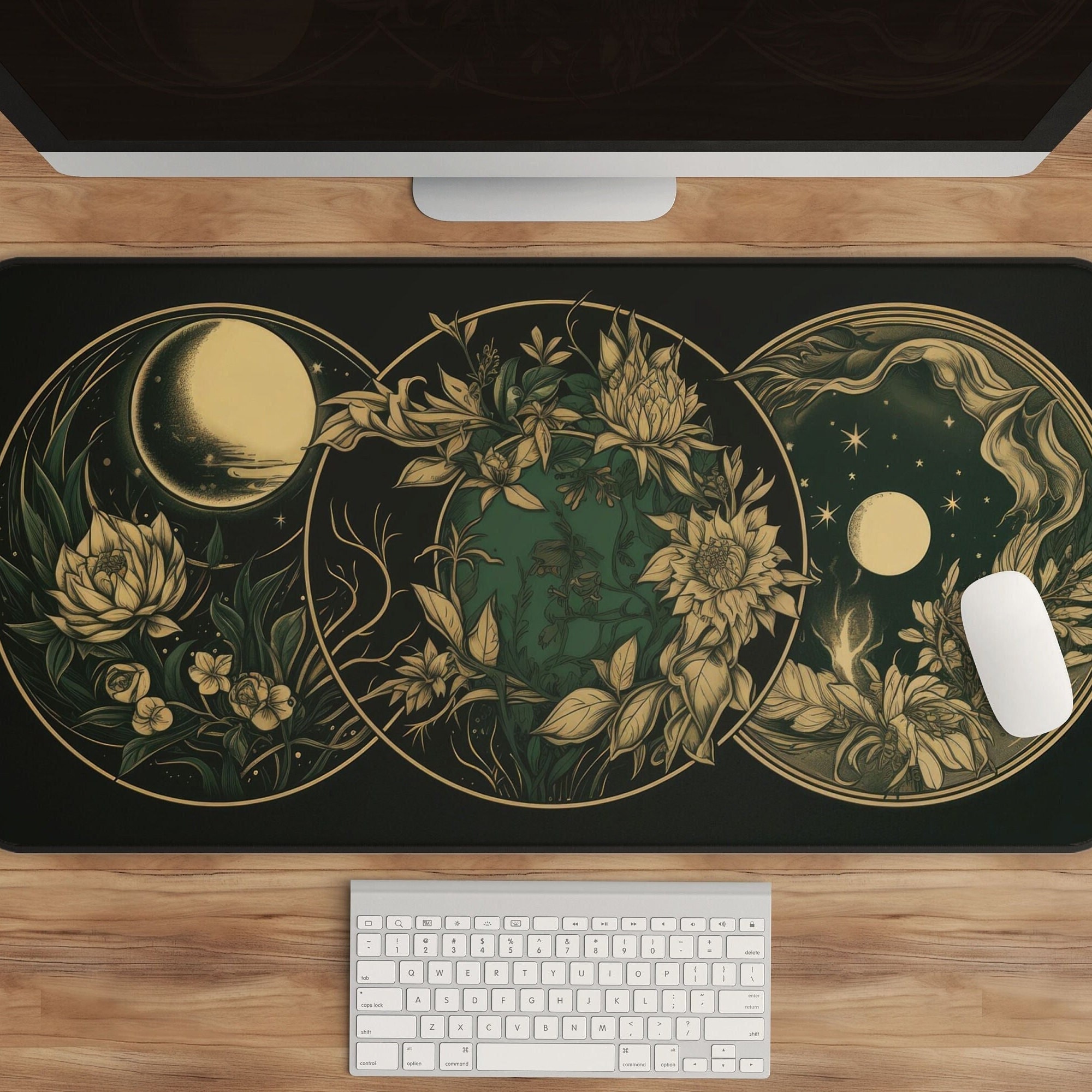 Celestial Desk Mat - Moon Phases Art Nouveau, Dark Academia, Cottagecore Mousepad