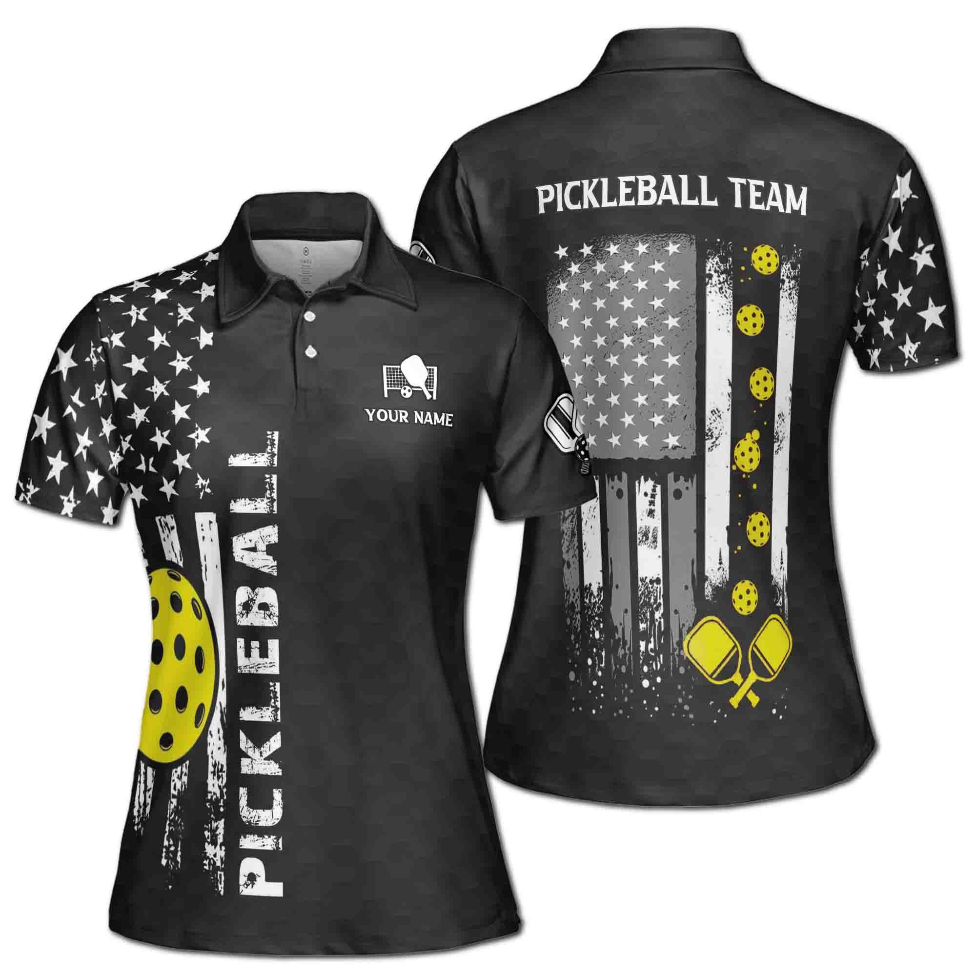 Customized Name Monochrome American Flag Pickleball Women's Polo Shirt