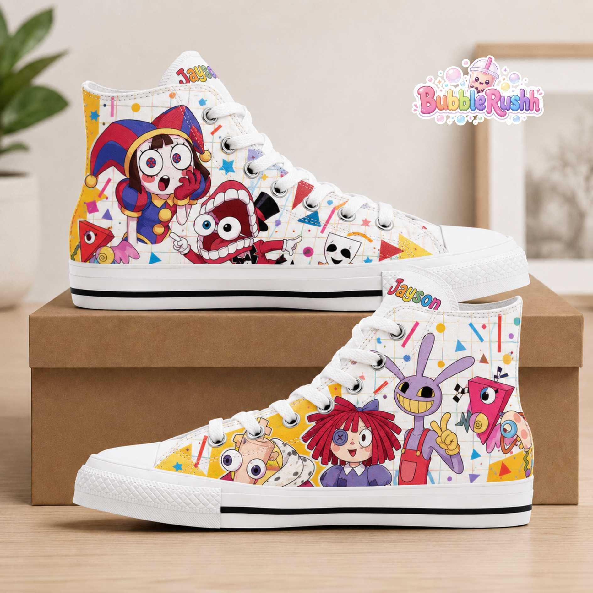 Custom The Amazing Digital Circus High Top Canvas Shoes, Circus Theme Kid Shoes, Cartoon-Inspired Sneakers