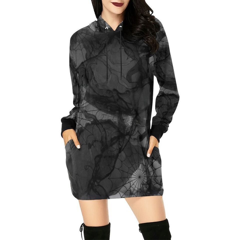 Gothic Black Ink and Spiderwebs Halloween Hoodie Dress Long Sleeve, Halloween Cosplay Costume, Gift For Women